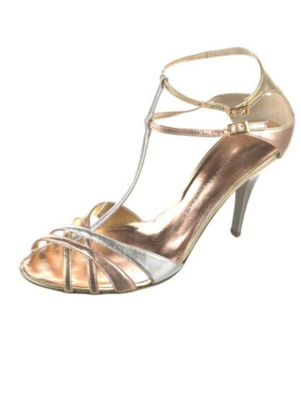 Giuseppe Zanotti Metallic T Strap Heels Rose Gold Silver Sandals. Sz 38.5/US 8.5
